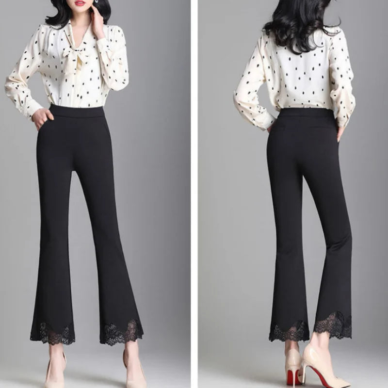 Pantalon Évasé Taille Haute Noir Dentelle Femme Élégant | MDN Store