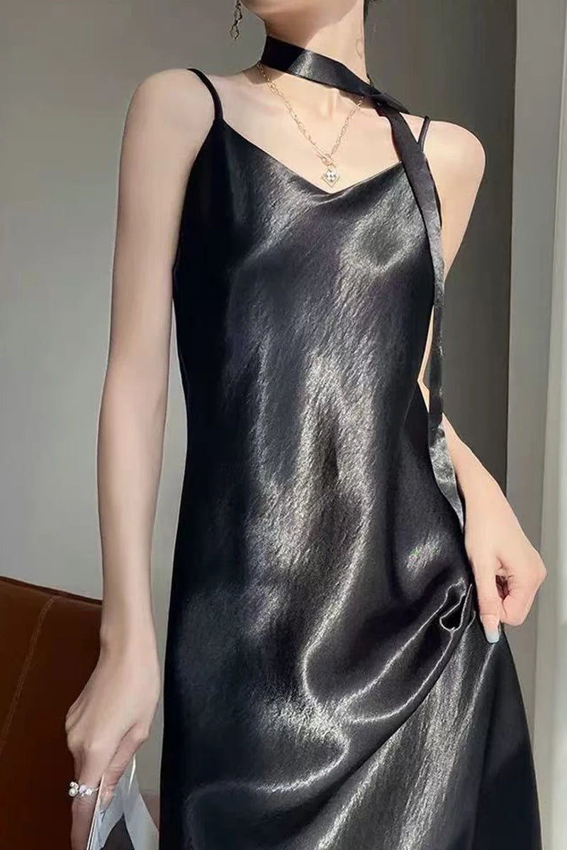 Robe Nuisette Satin Bretelles Ruban Midi 6 Coloris | MDN Store