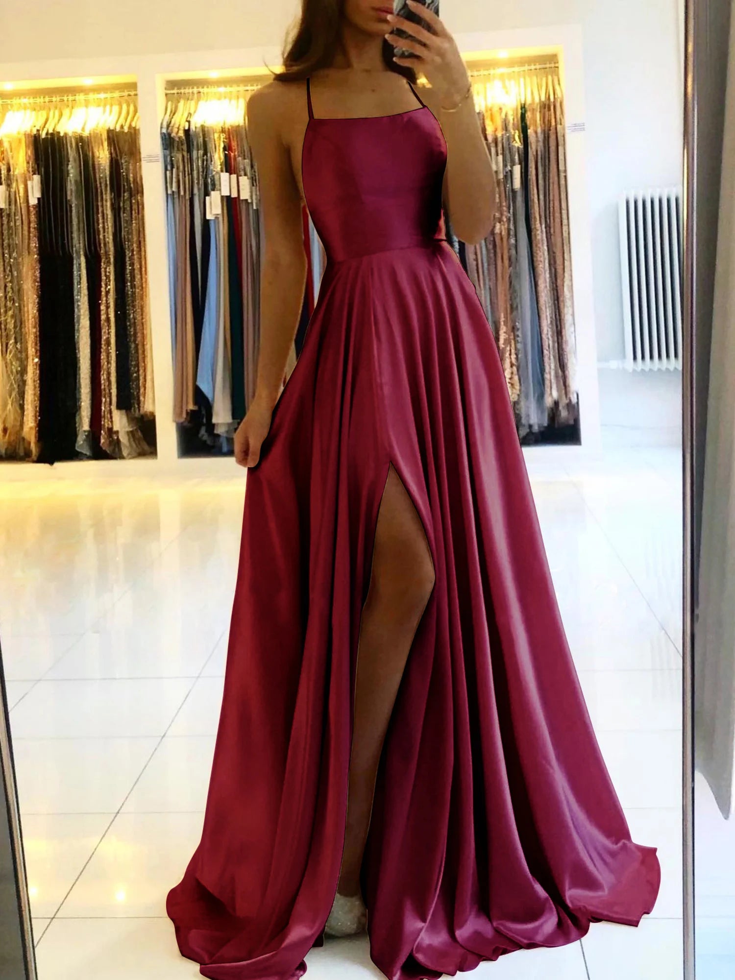 Robe Longue Satinee Col Benitier Bretelles Nouees Fente Haute | MDN Store