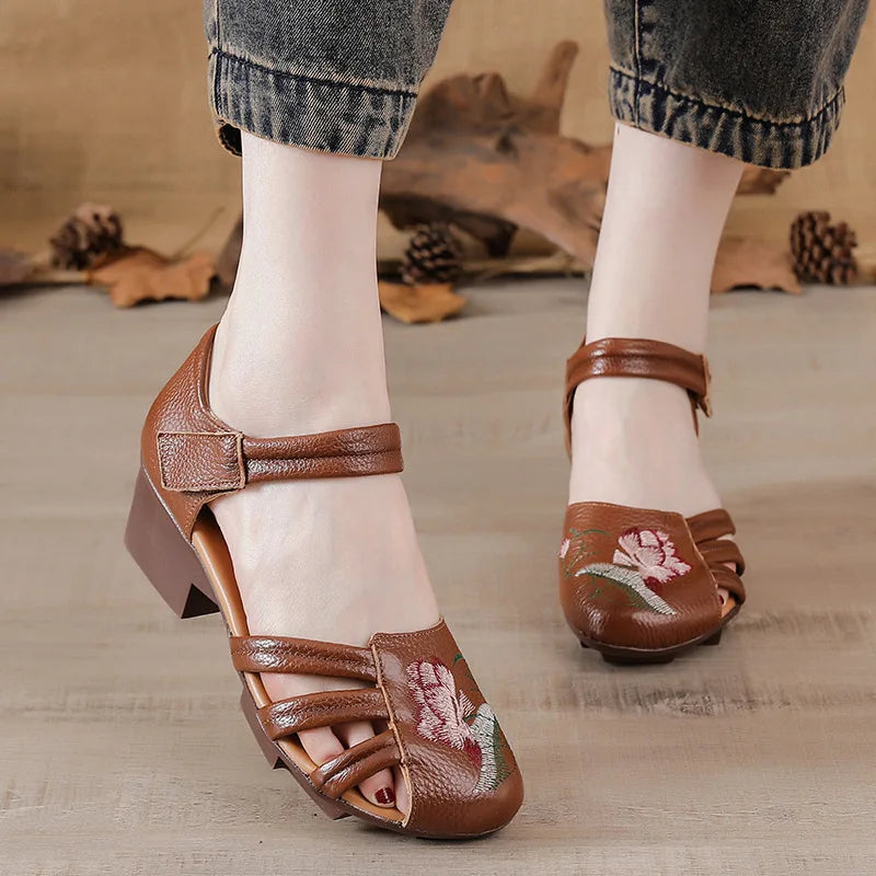 Sandales Talons Carrés Cuir Brodées Lorilury | MDN Store