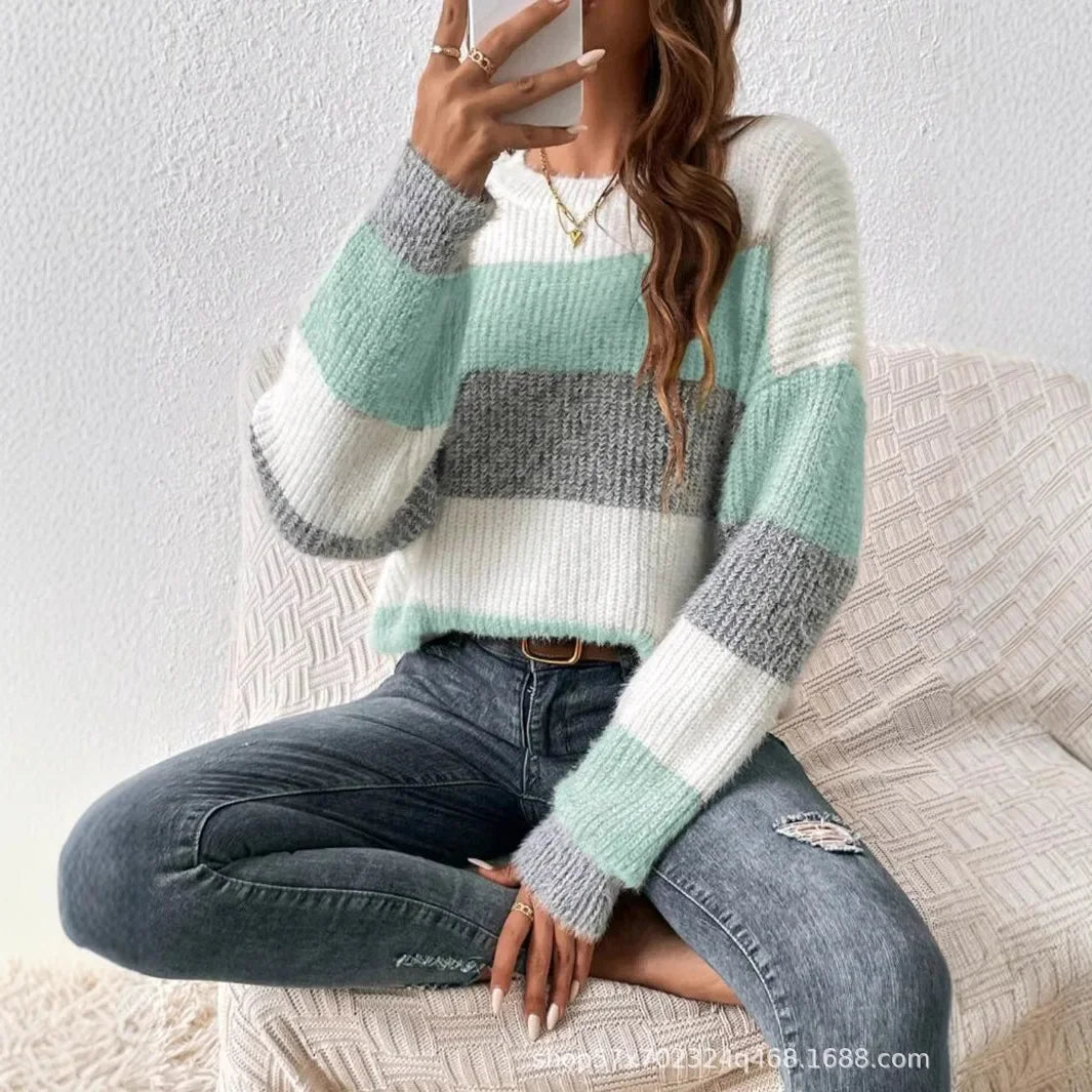 Pull Femme Raye Col Rond Ample Ajusté Tricot Epais Style Francais 2 | MDN Store
