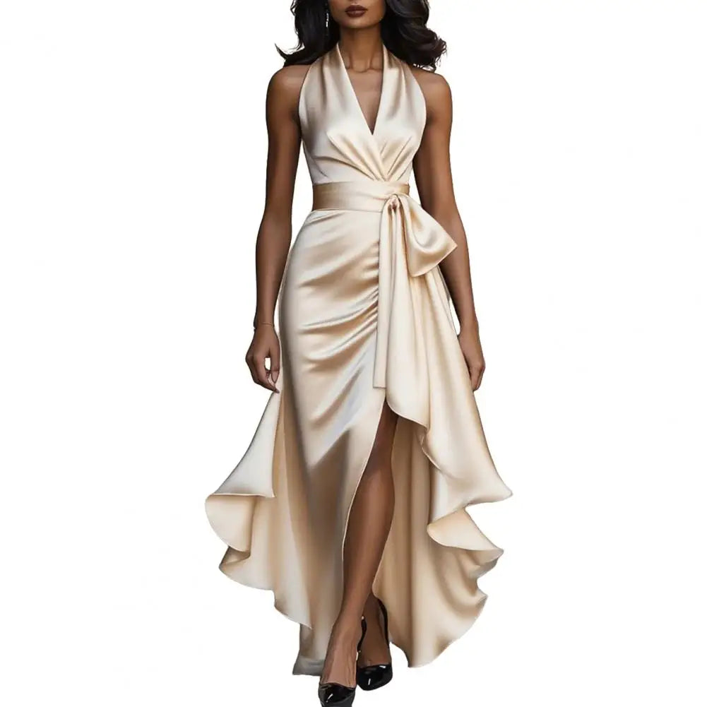 Robe Longue Satin Col V Volants | MDN