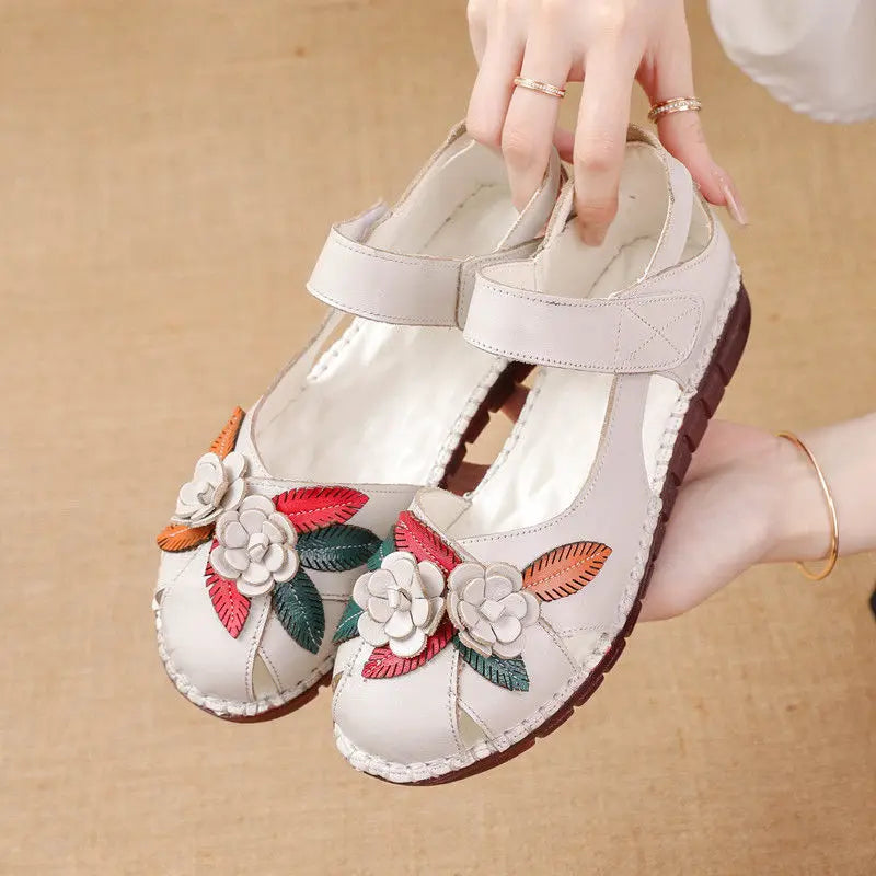 Sandales Cuir Plates Florales Lorilury | MDN Store