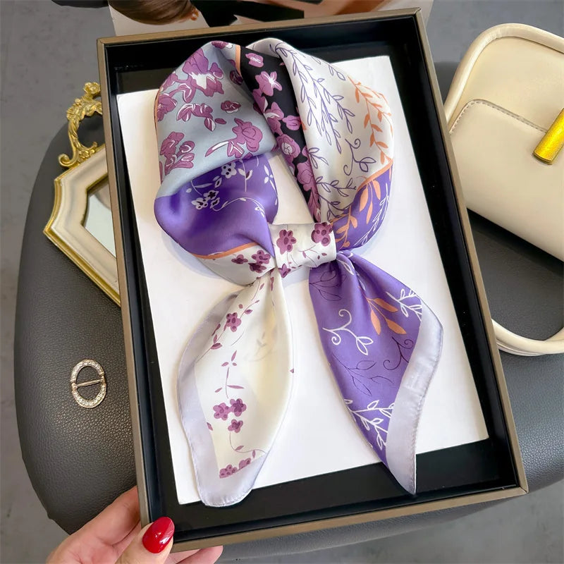 Foulard Carré Soie Satin Floral Violet 70cm Femme | MDN Store