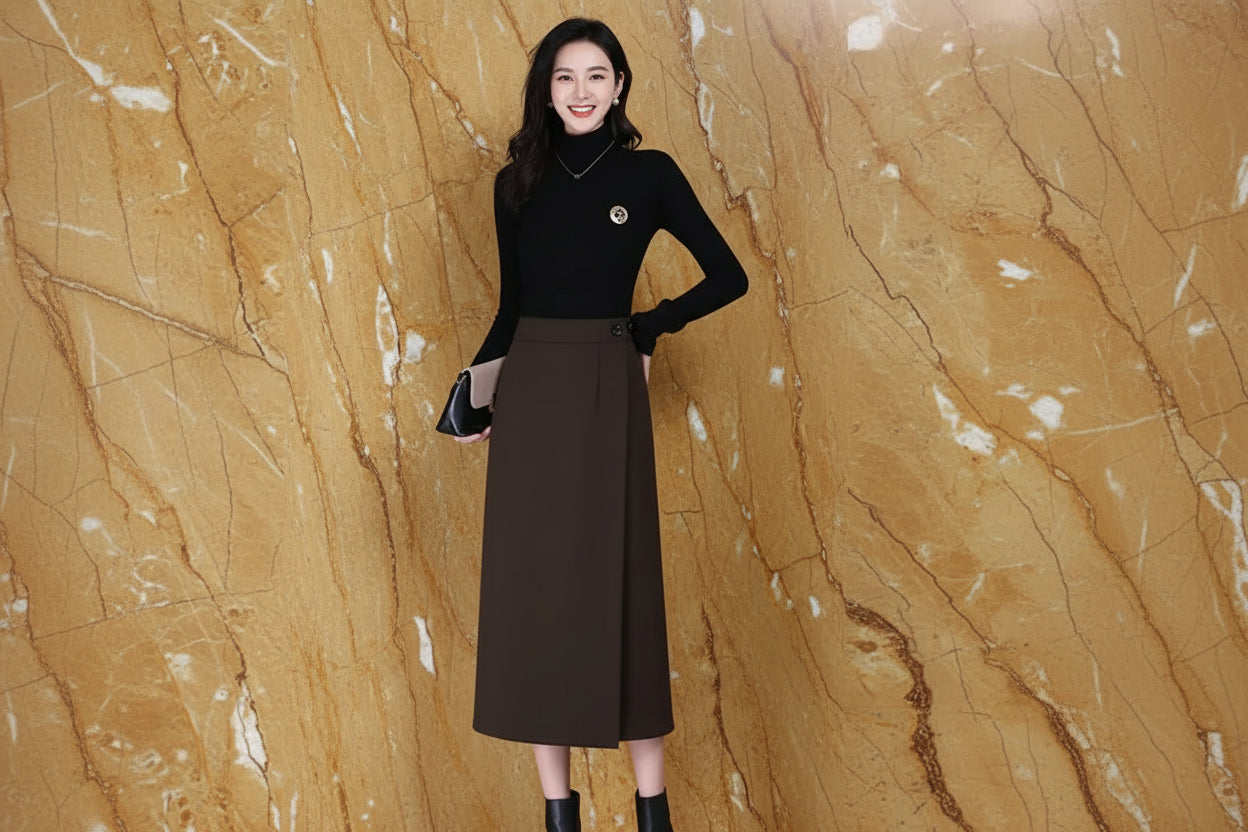 Jupe Droite Fendue en Laine Élégante Automne-Hiver | MDN Store