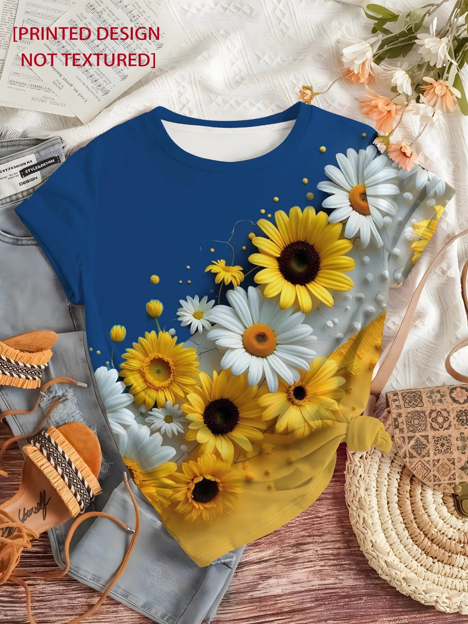 T-Shirt Floral Tournesol Marguerite Femme Manches Courtes | MDN Store 25