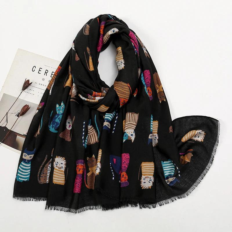 Écharpe Longue Viscose Chat Cartoon Coloré Femme | MDN Store