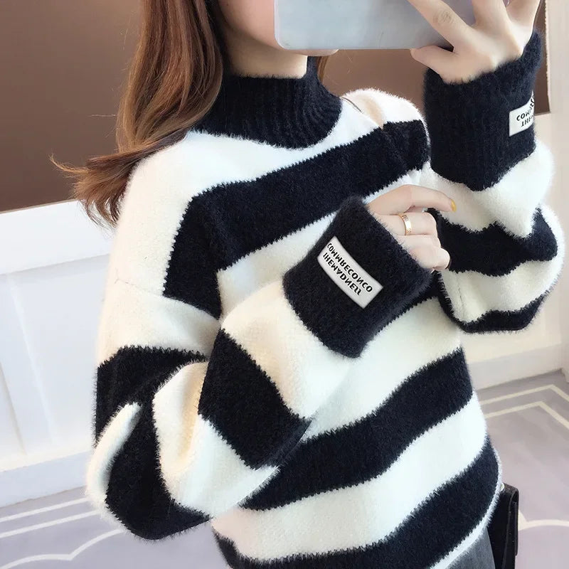 Pull Femme Col Haut Ample Maille Mink Epais 5 Coloris Style Coreen | MDN Store
