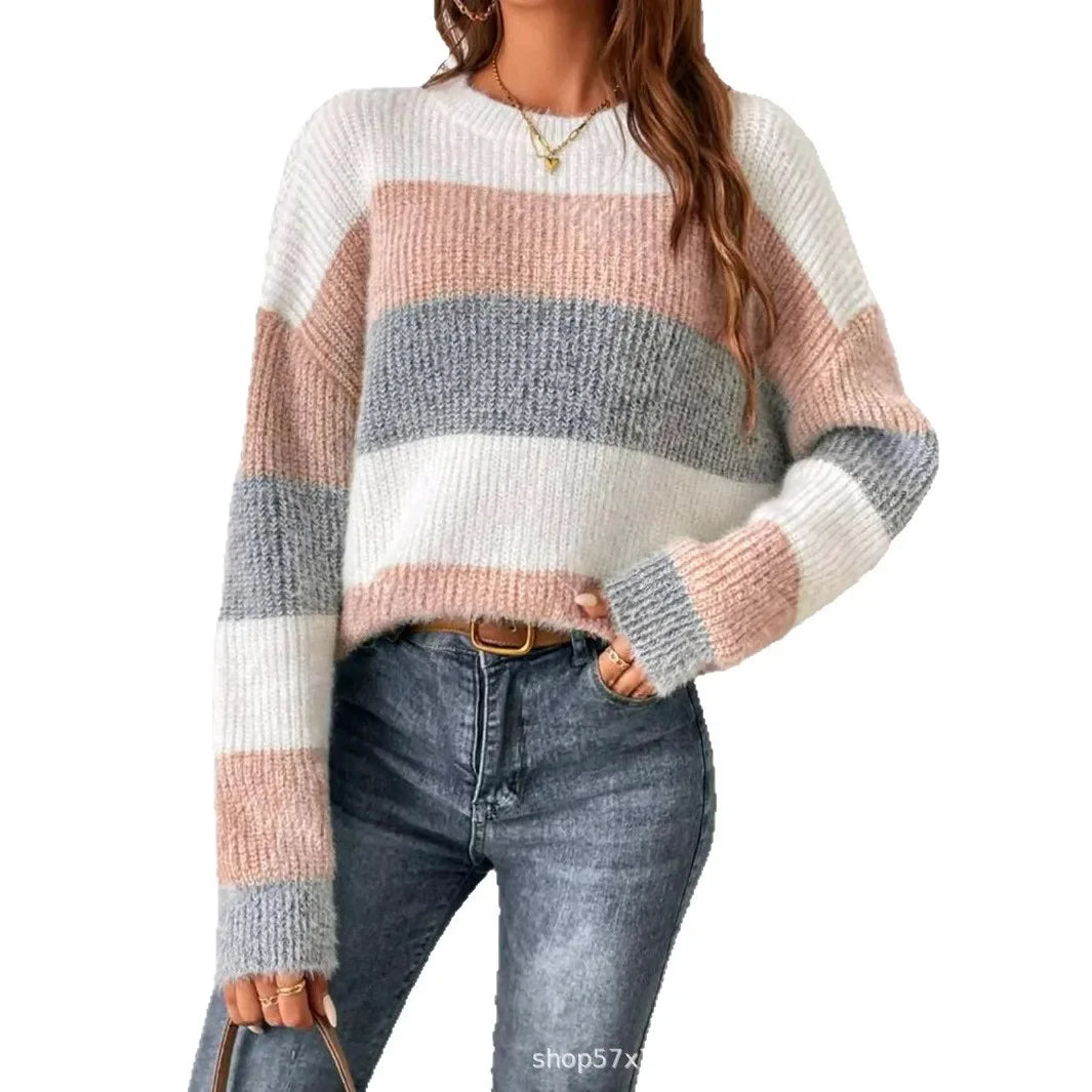 Pull Femme Raye Col Rond Ample Ajusté Tricot Epais Style Francais 2 | MDN Store
