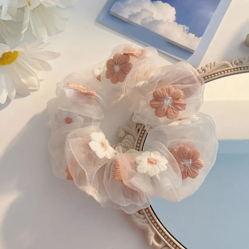 Chouchou Double Couche Organza Soie Fleur Douce - Élastique Cheveux Fille | MDN Store