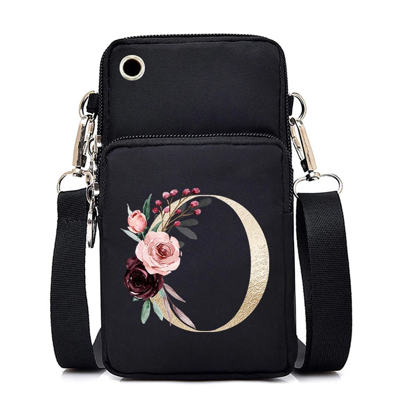 Sac à Main Bandoulière Lettre Initiale Fleurs Roses - Mini Sac Téléphone Femme | MDN