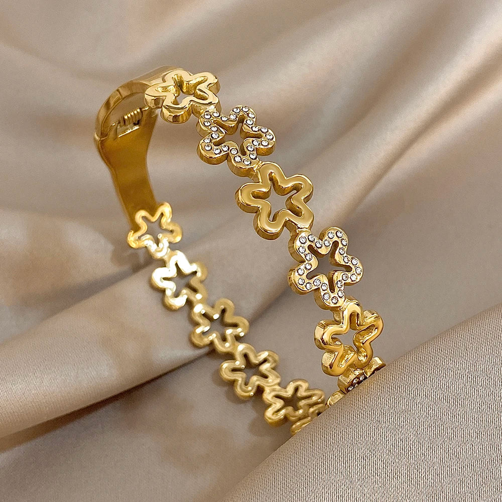 Bracelet Manchette Fleur Strass Acier Inoxydable Retro Femme | MDN Store