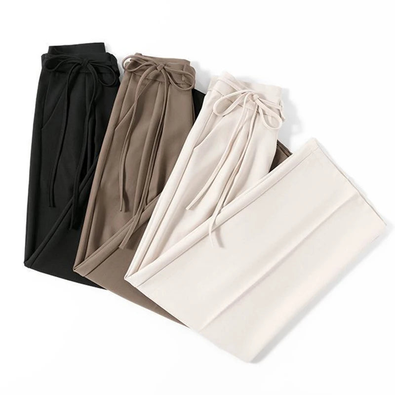 Pantalon Femme Taille Haute Lacets - Jambe Droite Costume Bureau Chic Kaki | MDN Store
