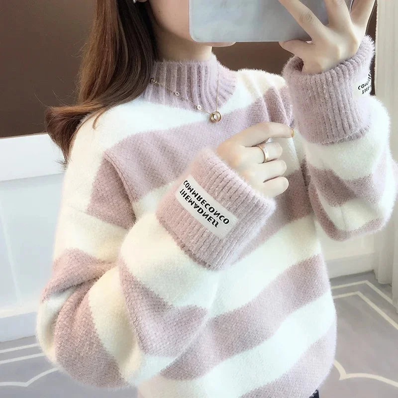 Pull Femme Col Haut Ample Maille Mink Epais 5 Coloris Style Coreen | MDN Store