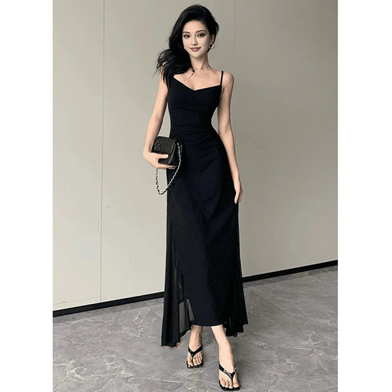 Robe Midi Femme Noire Dos Nu Bretelles Col V Soirée | MDN Store