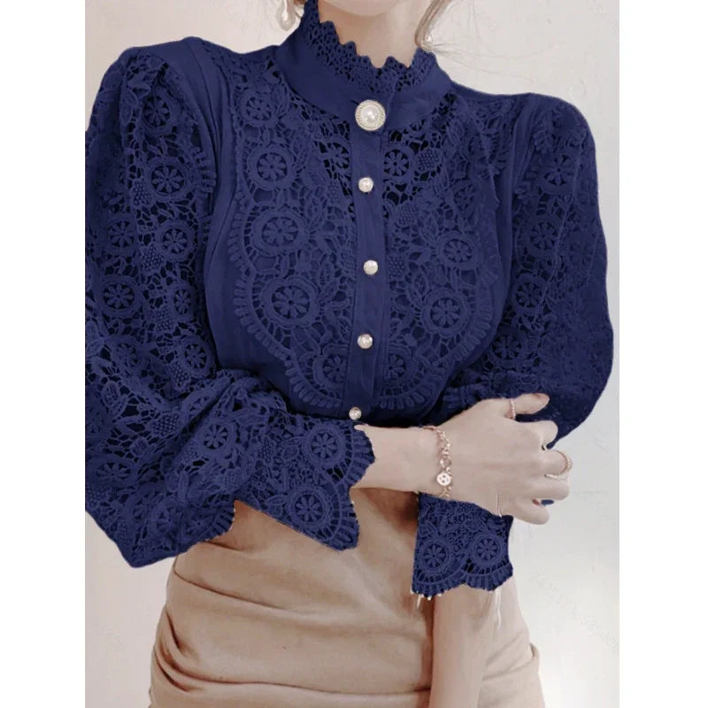 Blouse Femme Col Haut Manches Longues Dentelle | MDN Store