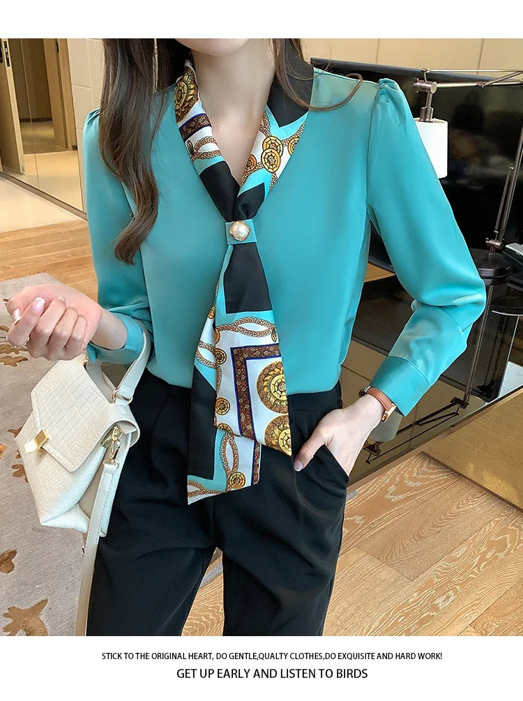 Chemise Chiffon Noeud Femme Col V Manches Longues | MDN