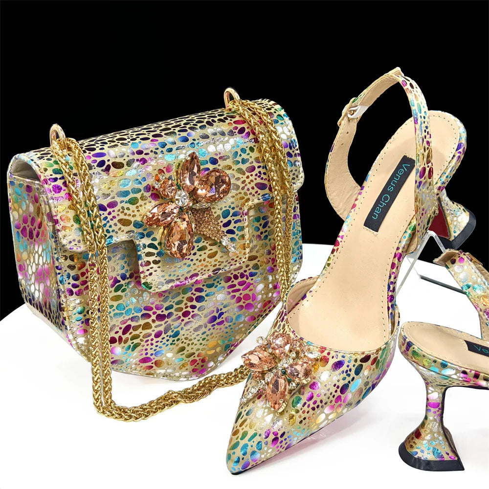 Escarpins Dorés Strass Bout Pointu Femme Soirée Banquet | MDN Store 25