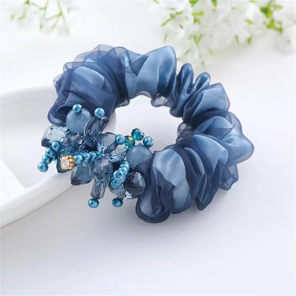 Chouchou Perle Brillante Fleur Organza Transparent - Élastique Cheveux Fille... | MDN Store