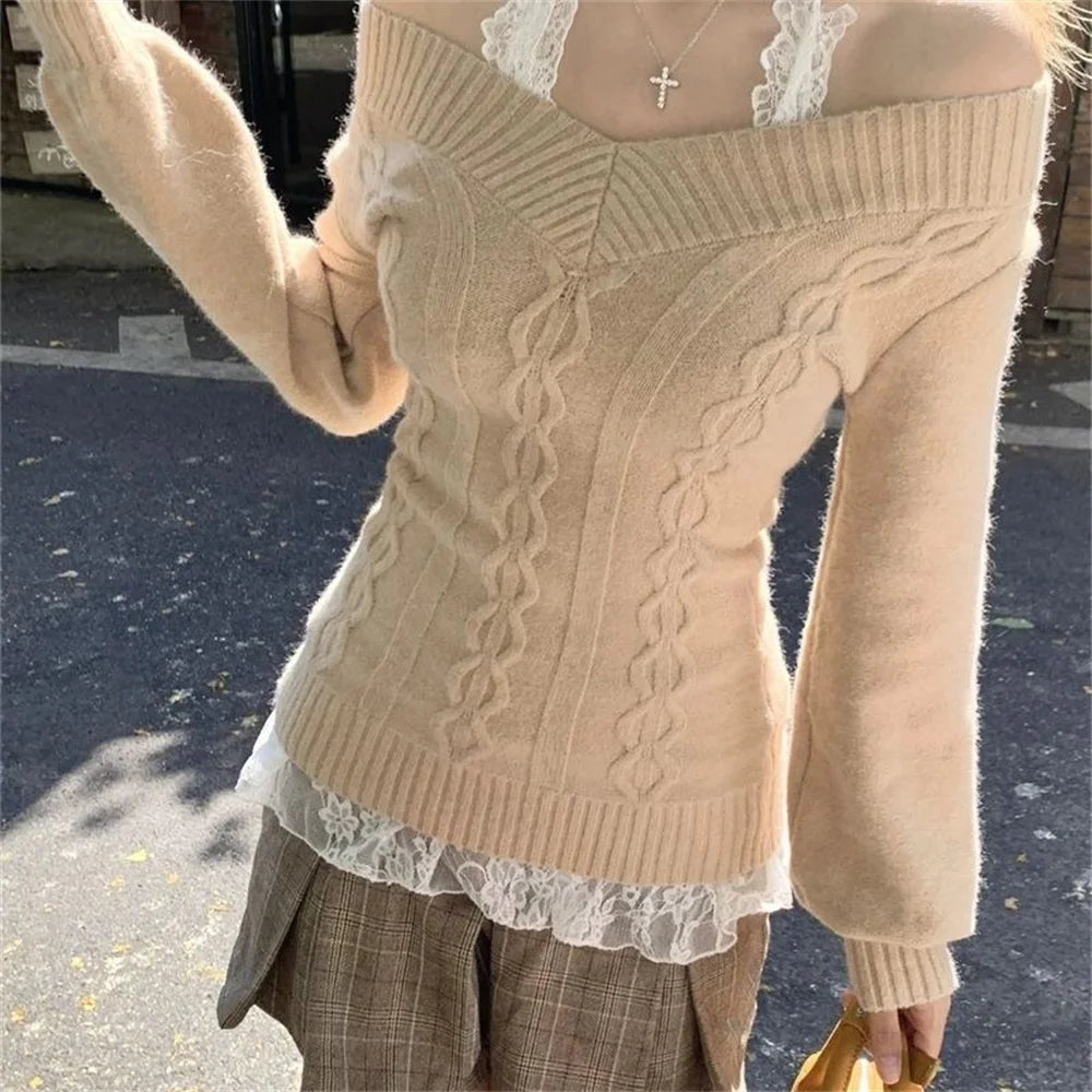 Pull Femme Col V Manches Longues Slim Ajusté Style Vintage 2 Coloris | MDN Store