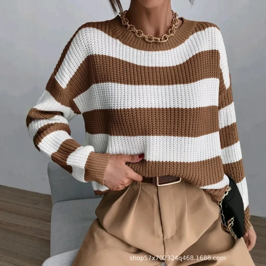 Pull Femme Loose Raye Manches Longues Tricot Epais 2 Coloris | MDN Store