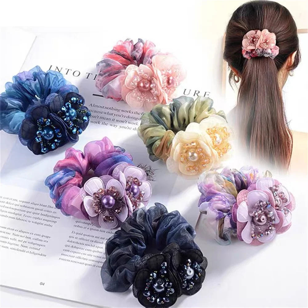 Chouchou Perle Brillante Fleur Organza Transparent - Élastique Cheveux Fille... | MDN Store