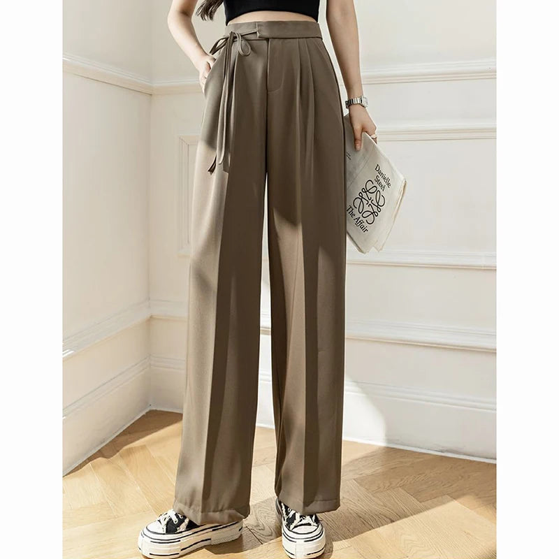 Pantalon Femme Taille Haute Lacets - Jambe Droite Costume Bureau Chic Kaki | MDN Store