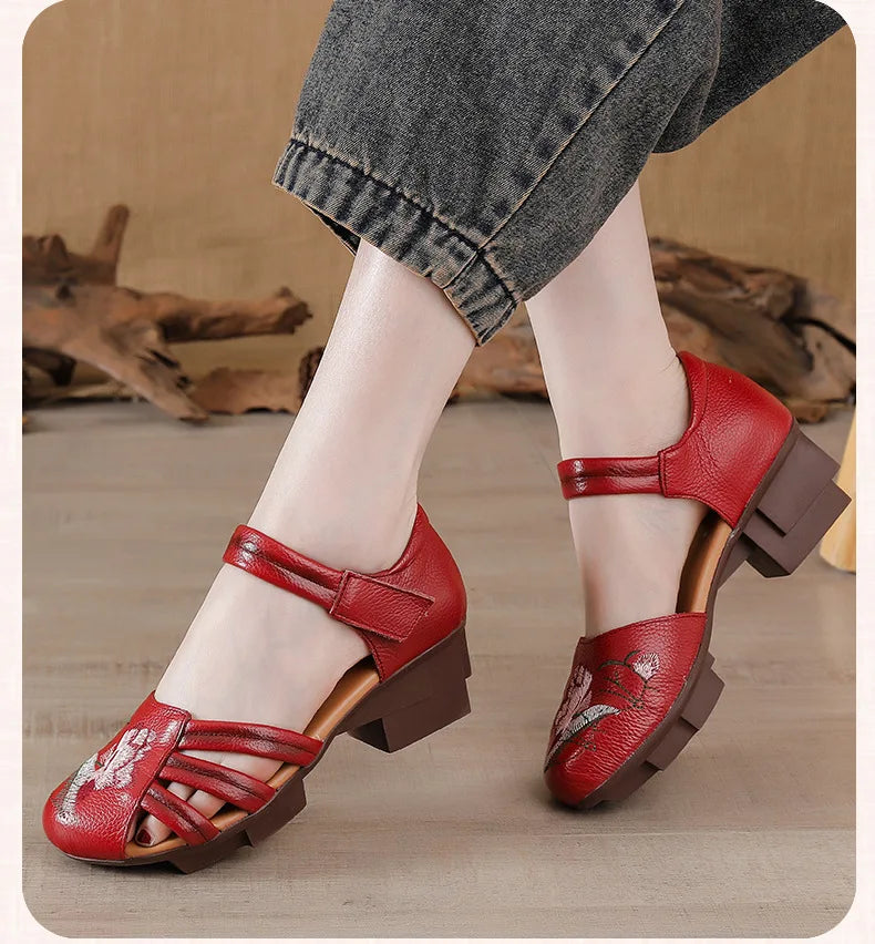 Sandales Talons Carrés Cuir Brodées Lorilury | MDN Store