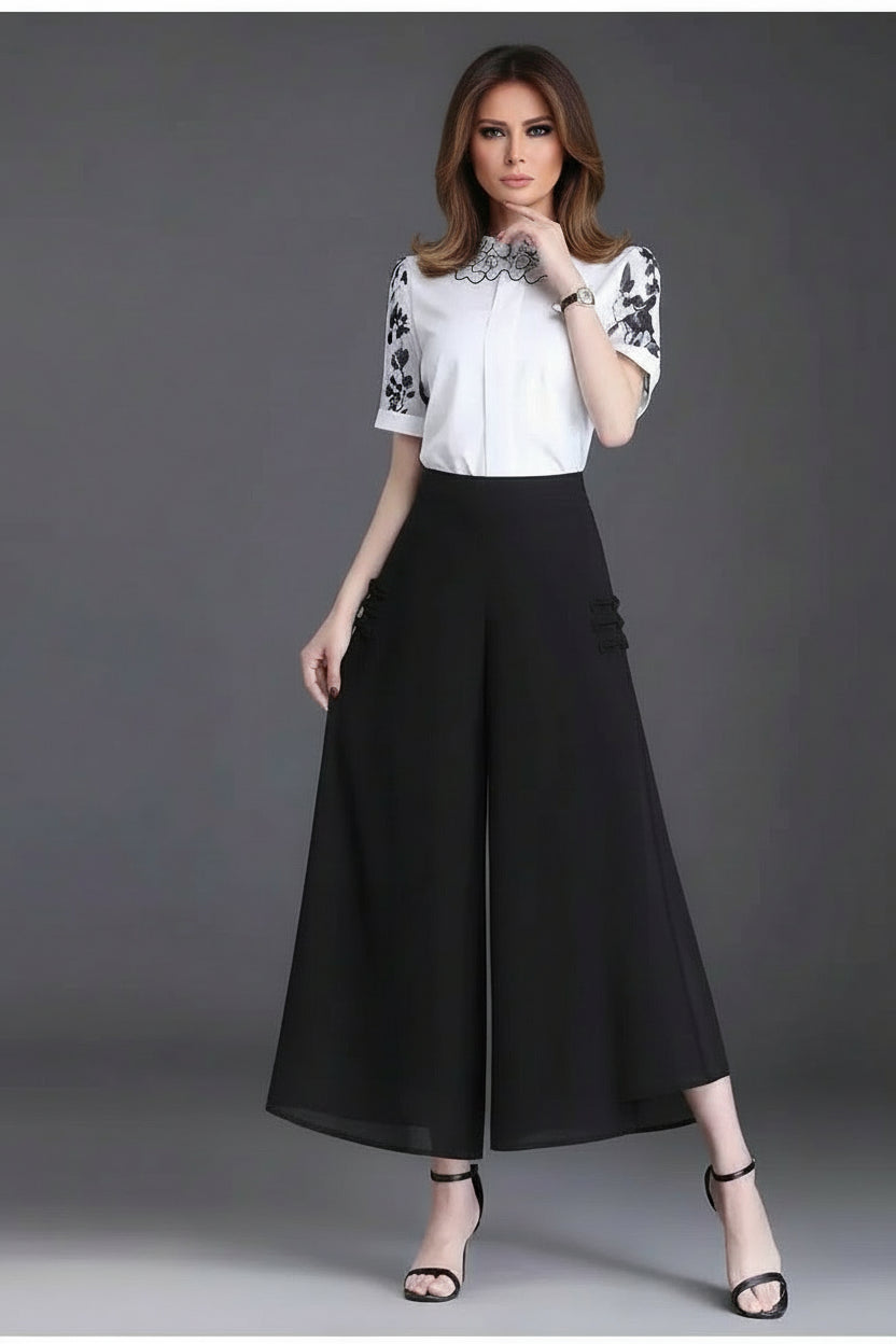 Pantalon Grande Femme Mousseline Floral Noir Jaune | MDN Store