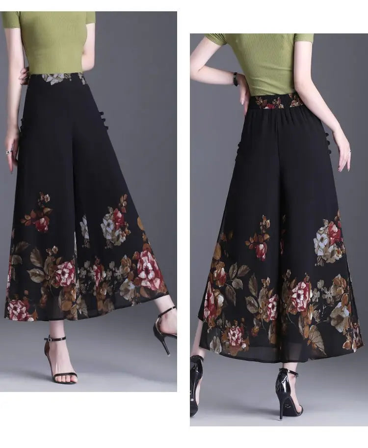 Pantalon Grande Femme Mousseline Floral Noir Jaune | MDN Store