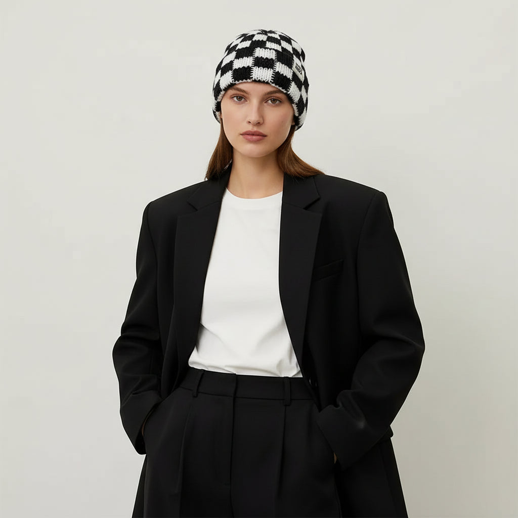 Bonnet Plaid Laine Tricotée Femme - Chaud Hiver Coupe-Vent | MDN