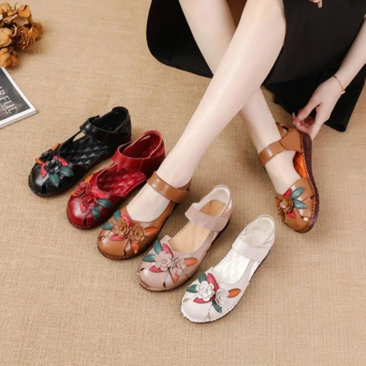 Sandales Cuir Plates Florales Lorilury | MDN Store