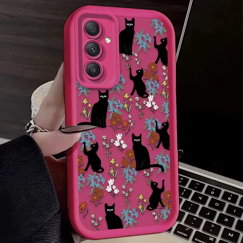 Coque Samsung Chat Noir Fleur Artistique - S24 S23 S22 A55 A54 | MDN