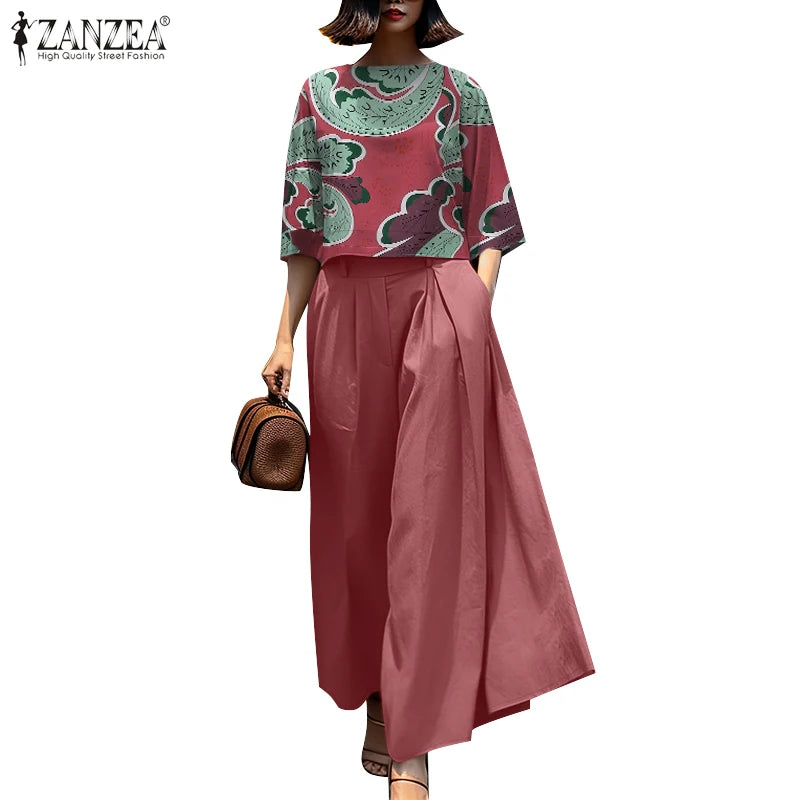 Ensemble Blouse 3/4 & Pantalon Large Paisley Bleu | MDN