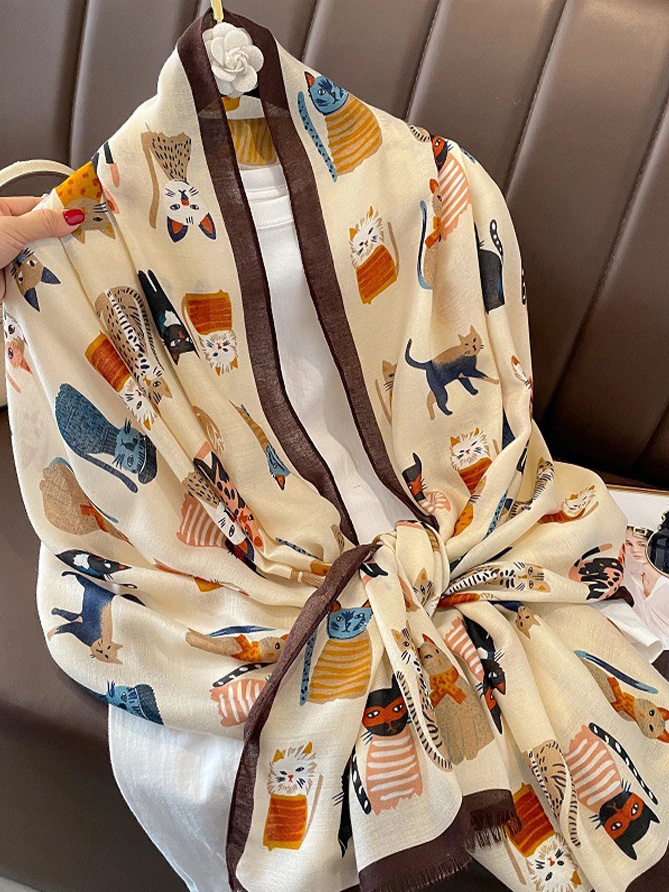 Écharpe Motif Chat Cartoon Viscose Douce Longue | MDN