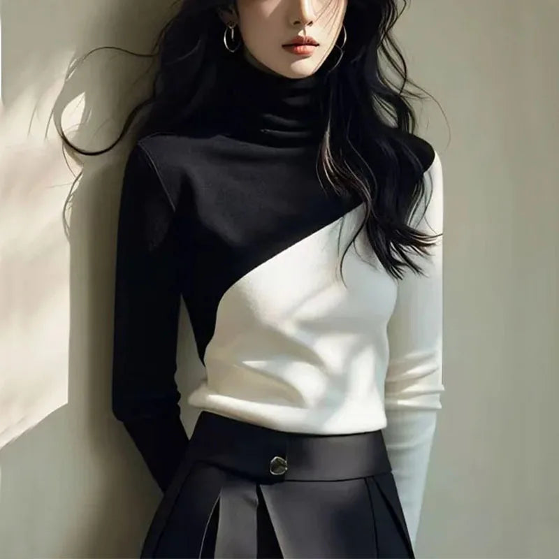 Pull Col Roule Femme Bicolore Noir Blanc Slim Bureau Elegant | MDN Store