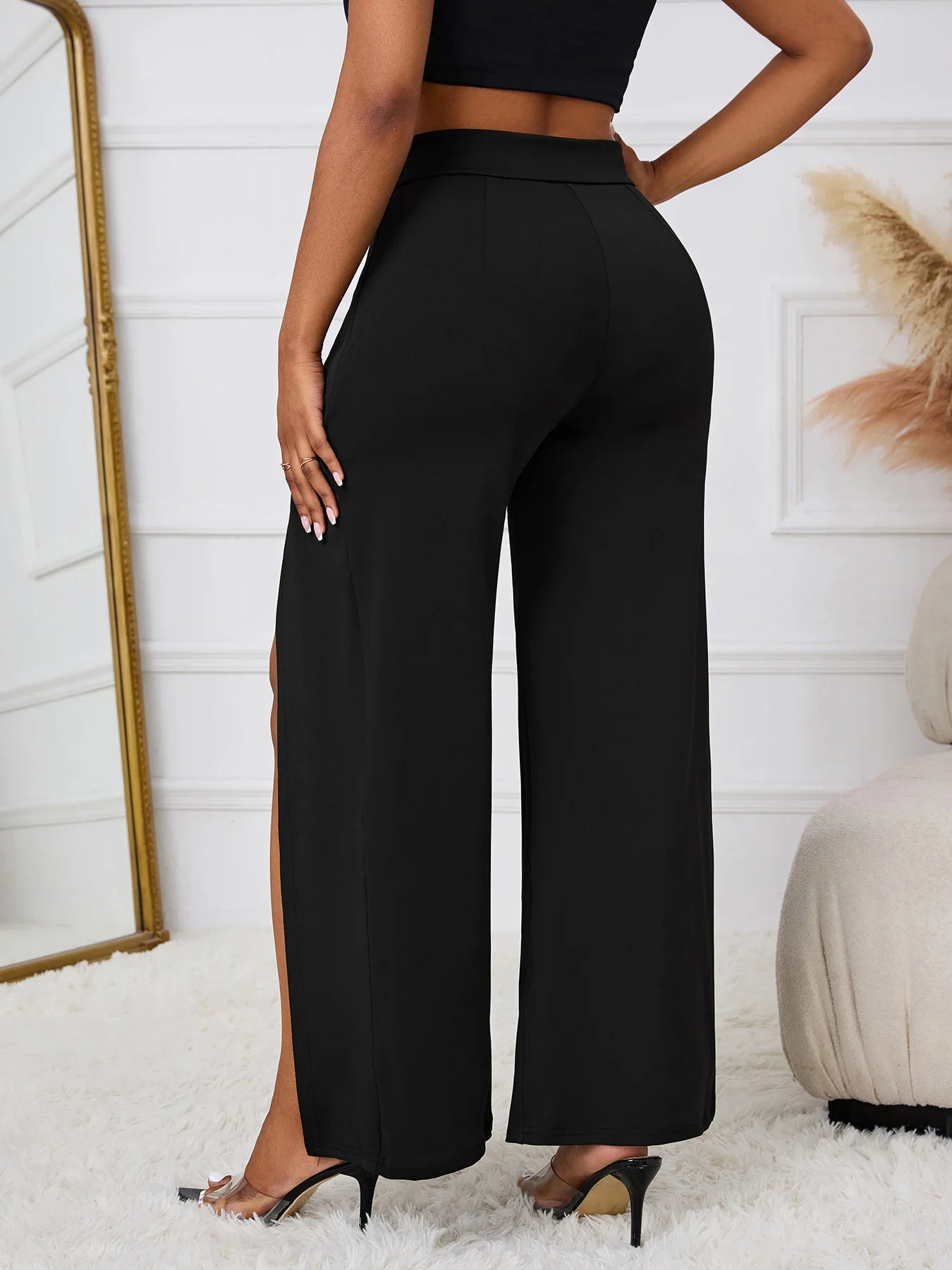 Pantalon Large Taille Haute Noir Boucle Dorée | MDN Store