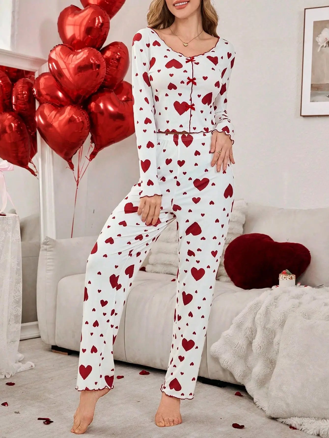 Pyjama Femme 2 Pièces Cœurs Manches Longues | MDN