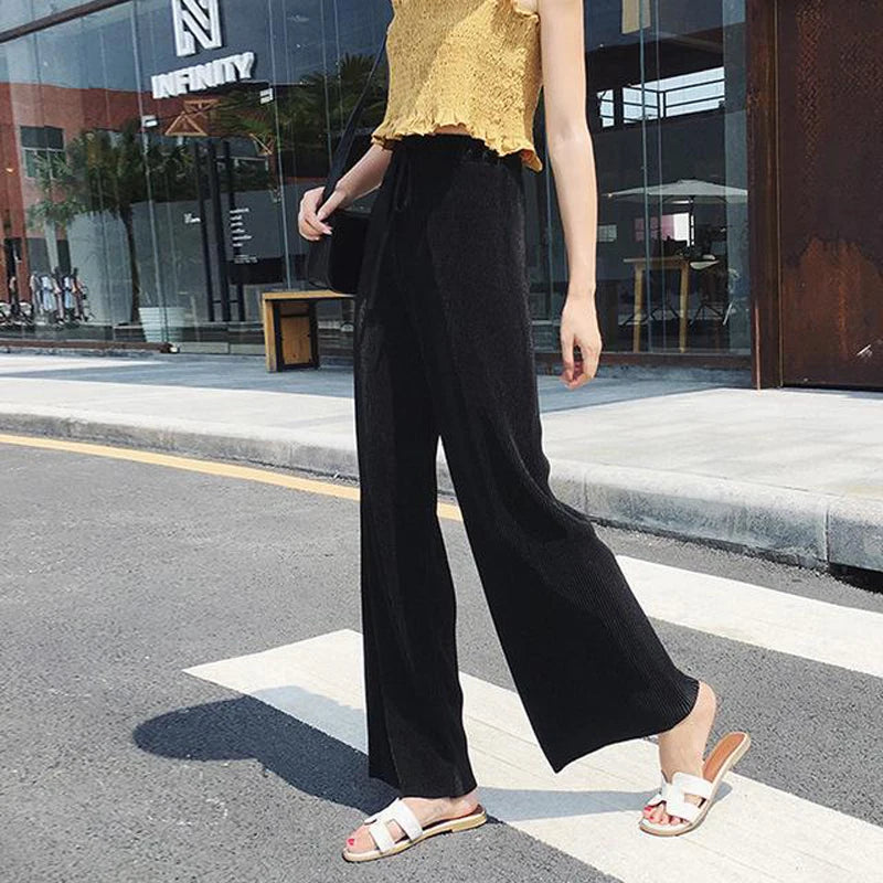 Pantalon Large Femme Ete Soie Glacee Taille Elastique Plisse | MDN Store