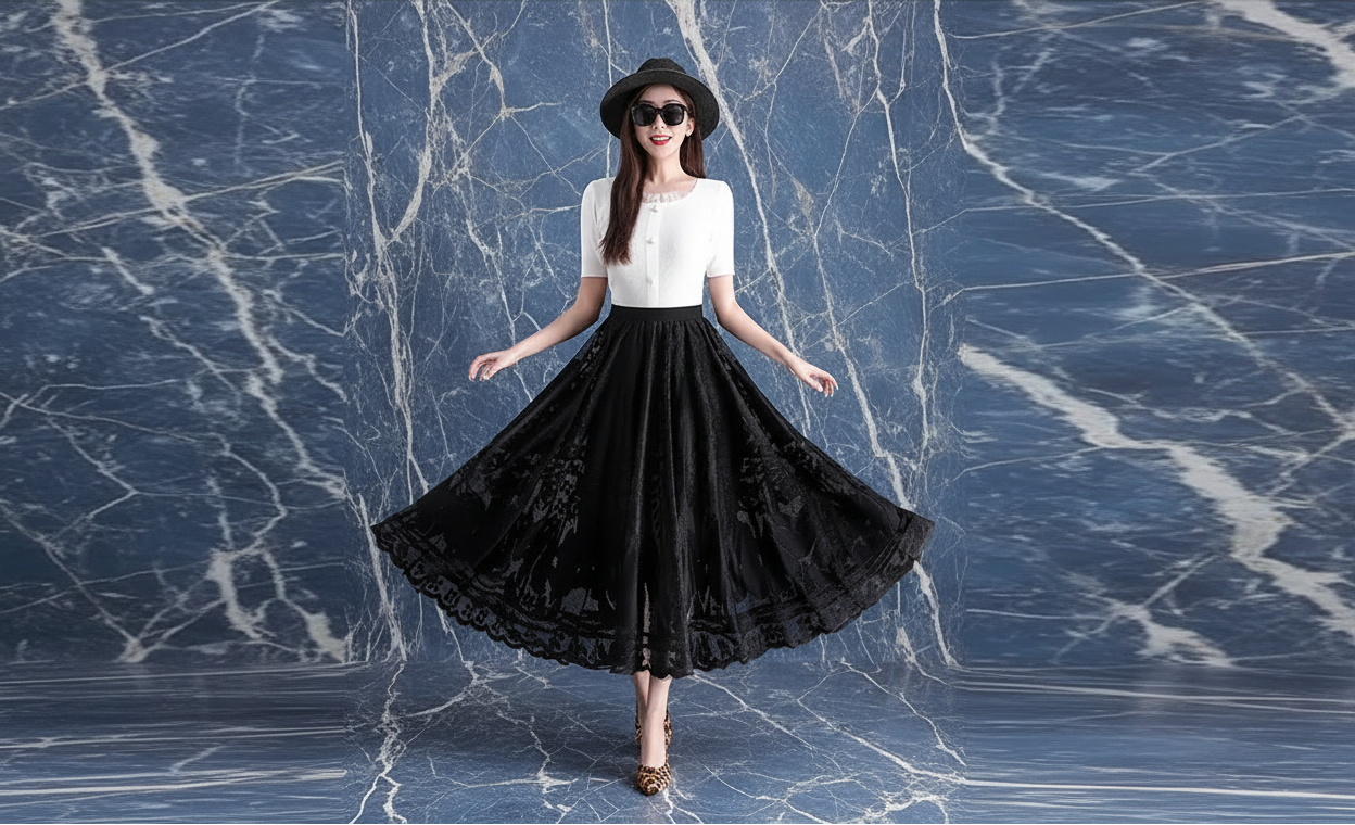 Jupe Longue Dentelle Plissée Taille Haute | MDN Store