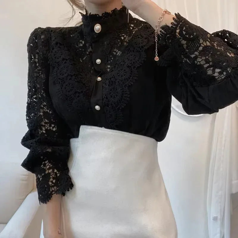 Blouse Femme Col Haut Manches Longues Dentelle | MDN Store