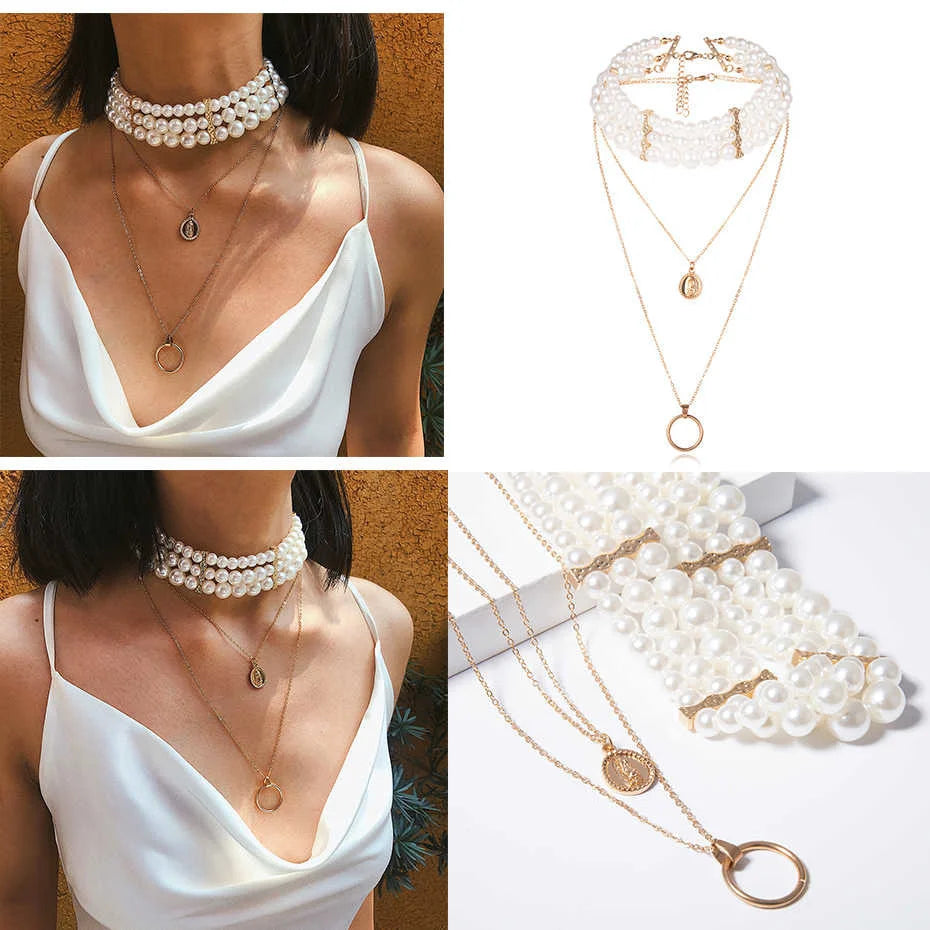 Collier Ras-de-Cou Perles Blanches Métal | MDN