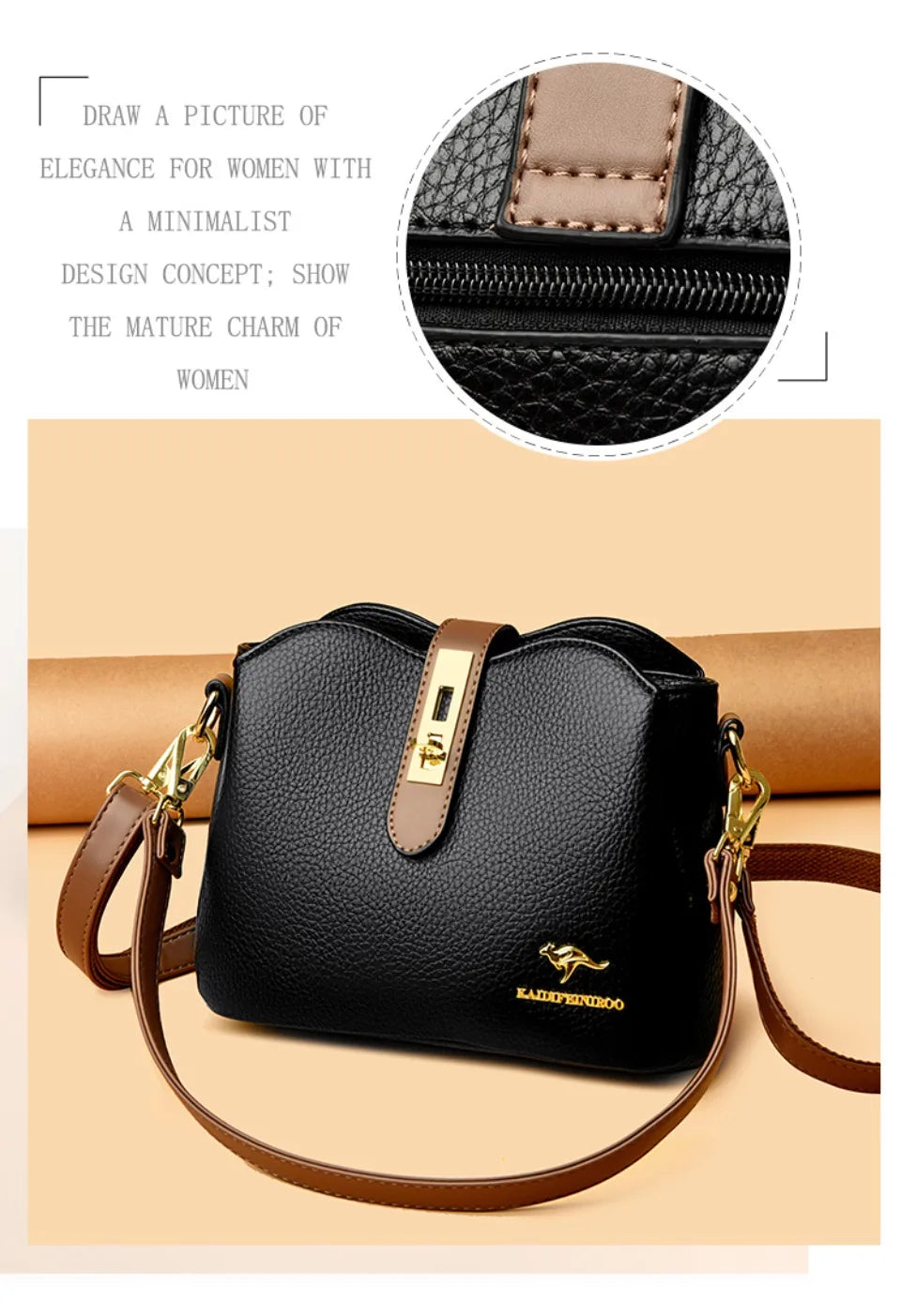 Sac à Main Femme Cuir Véritable Seau Bandoulière Trois Compartiments - MDN