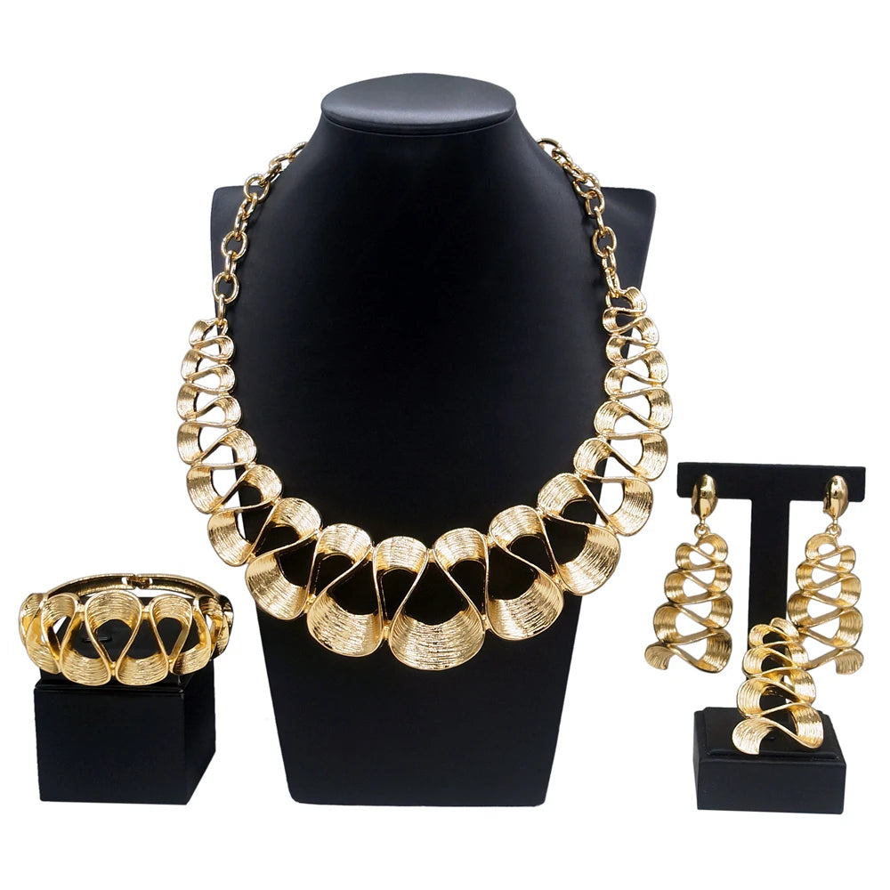 Parure Bijoux Plaque Or Femme Collier Boucles Oreilles Ondule | MDN Store 25