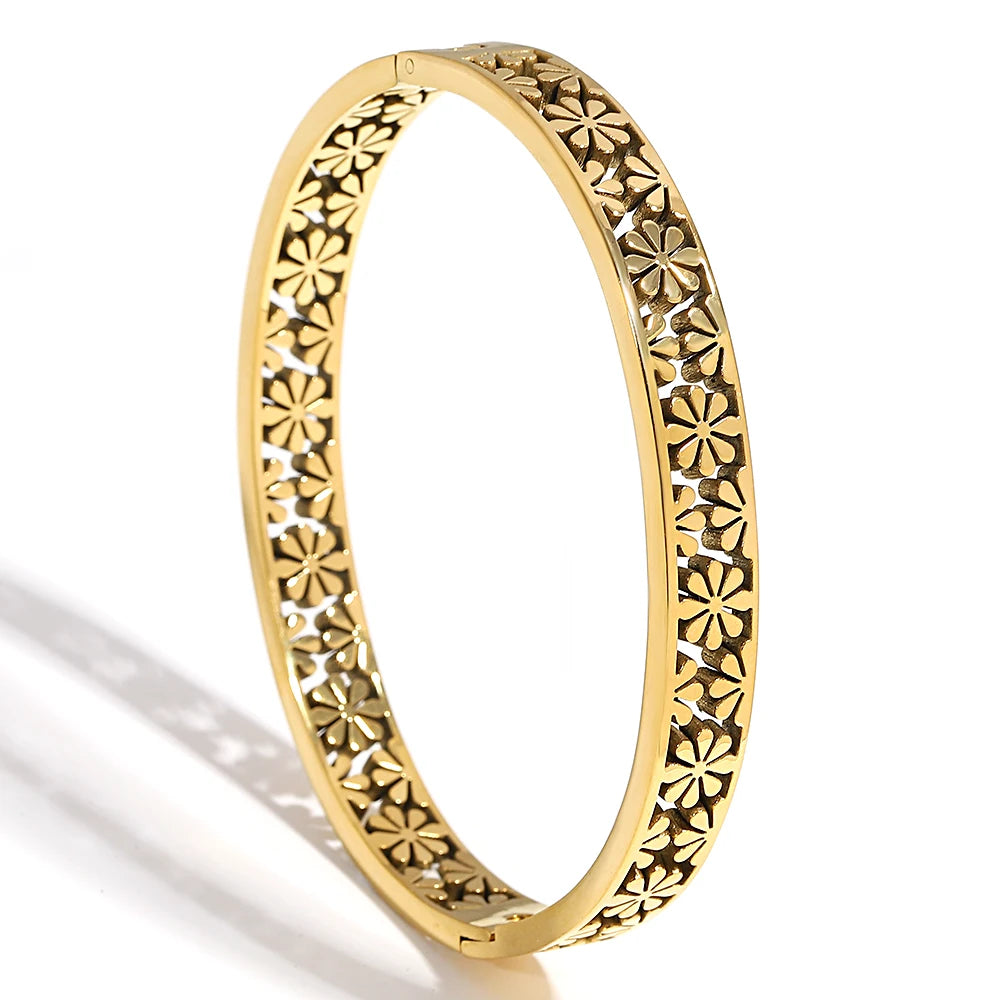 Bracelet Manchette Fleur Strass Acier Inoxydable Retro Femme | MDN Store