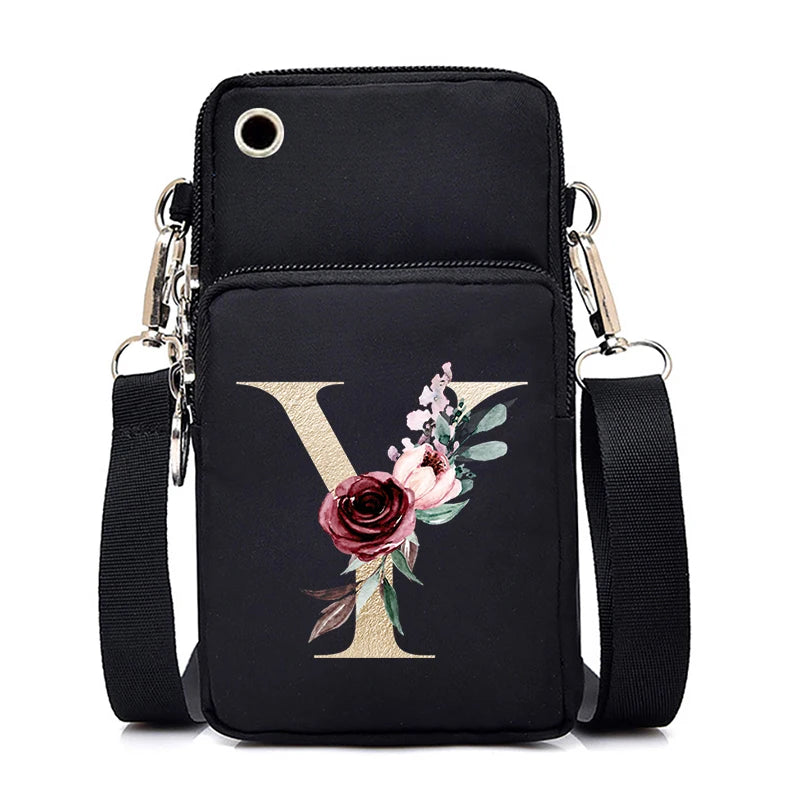 Sac à Main Bandoulière Lettre Initiale Fleurs Roses - Mini Sac Téléphone Femme | MDN