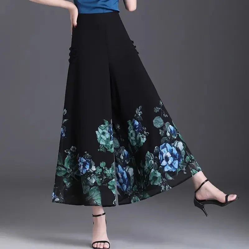 Pantalon Grande Femme Mousseline Floral Noir Jaune | MDN Store