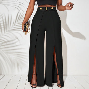 Pantalon Large Taille Haute Noir Boucle Dorée | MDN Store