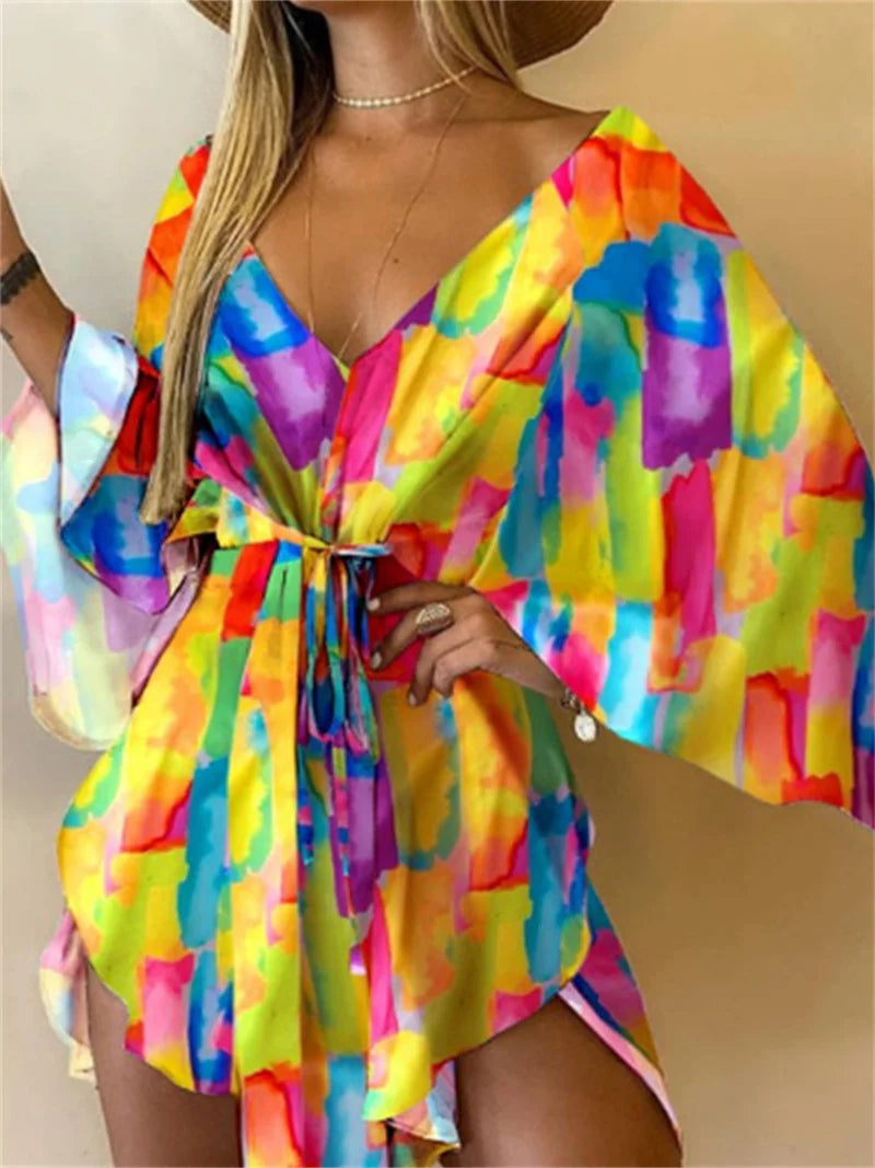 Robe Kimono Plage Femme Imprime Floral Col en V Manches Chauve-Souris | MDN Store 25