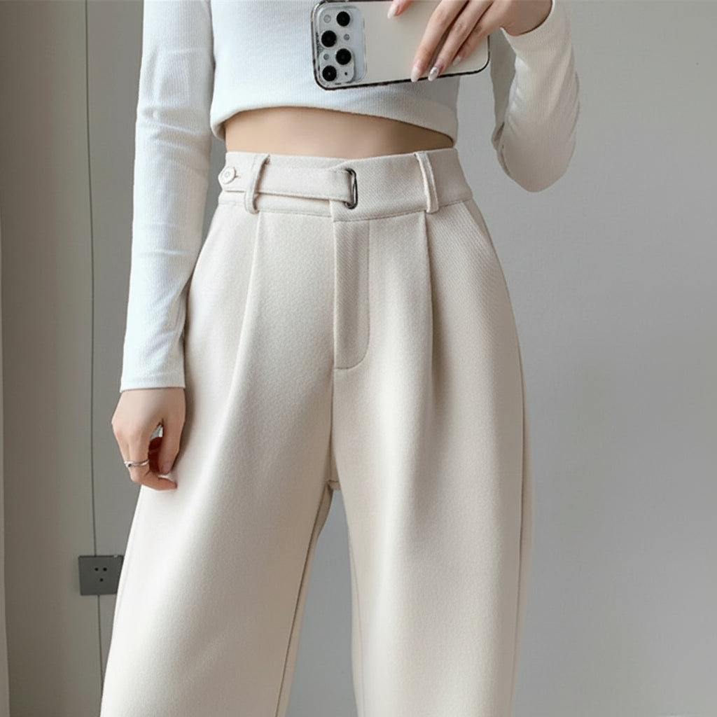 Pantalon Laine Large Femme Boutons Milk Tea | MDN Store